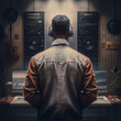 © DALU11 - Back view of a musician in a recording studio. Generative AI.