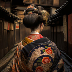 Wall Mural - Back view of a Japanese geisha. Generative AI.	
