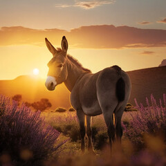 Wall Mural - Portrait of a donkey at sunset. Generative AI.	
