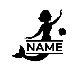 Wall Mural - Mermaid with name monogram. Kids name monogram. Mythical tale character logo. Little creature with tail. Magical mermaid black symbol