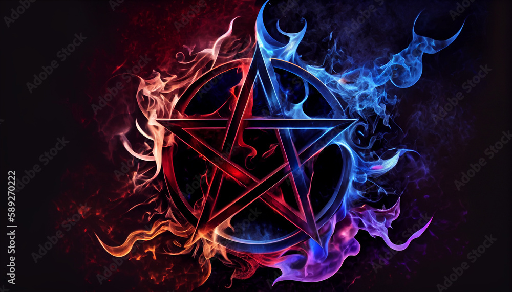 Pentagram in maroon and blue smoke. Magic, esoteric, occult symbol. AI ...
