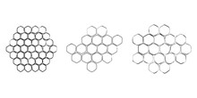 Honeycombs. Sketch Hand Drawn Propolis Honey Comb Set. Simple Bee Honeycomb Doodle Structure. Vector Black And White Illustration.