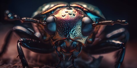 Close up of a Leaf beetle Chrysolina graminis, micro photography of beetle. Tansy beetle. Generative ai	