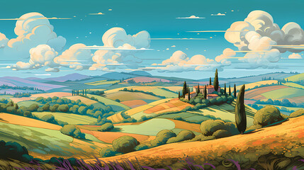 Illustration with a beautiful view of the hills of Tuscany, Italy