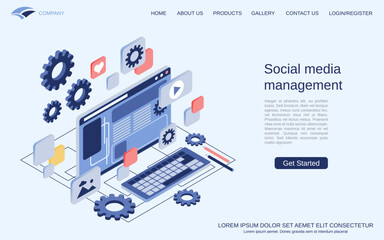 Wall Mural - Social media management modern 3d isometric vector concept illustration. Landing page design template