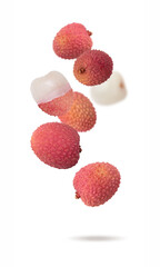 Wall Mural - Isolated exotic fruit. Lychee fruits falling down with clipping path as package design element. Full depth of field. Food levitation concept. Fresh fruits.