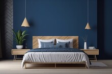 Blue Modern Bedroom | Coloured Modern White And Blue Bedroom With Big Panoramic Window | Blue Bedroom In Apartment | Interior View Of Luxurious Blue Bedroom With Bed, Generative AI