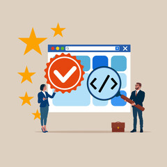 The best software development, сode review. Quality Control and giving certified. Modern vector illustration in flat style