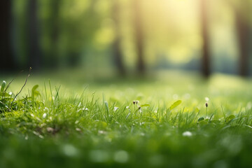 Fresh green garden grass lawn in spring, summer with bright bokeh of blurred foliage of springtime in the background and tree leaves in the foreground.