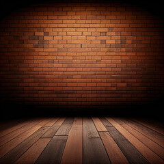  Brown brick wall background, wooden floor, Generative AI
