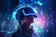 © Artofinnovation - Into the Metaverse, person wearing vr glasses in futuristic colorful environment. Concept of advanced future technology powered by artificial intelligence.