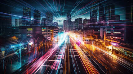 Smart city and abstract connection with speed line light, big data connection technology concept. Generative Ai