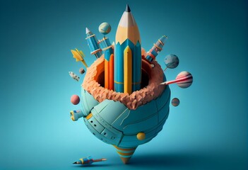 creative of globalization globe internet rocket spaceship. science physics maths pencil of ideas imagination online. kids cute pastel objects of learning education on blue background.. Generative AI