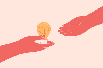 Sharing ideas and knowledge with others. Human hand gives light bulb to other hand. Person passes to friend or colleague some business solution or skills. Vector illustration