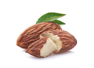 Wall Mural - Almonds kernel with with leaf on white background