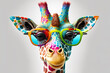 canvas print picture - Cartoon colorful giraffe with sunglasses on white background. Created with generative AI
