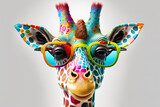 Fototapeta  - Cartoon colorful giraffe with sunglasses on white background. Created with generative AI