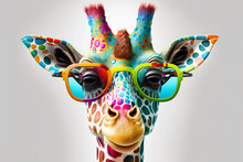 Cartoon Colorful Giraffe With Sunglasses On White Background. Created With Generative AI