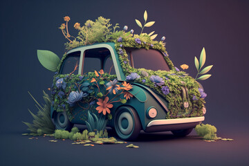 3d transport with botanical elements with simple background. Generative ai illustration