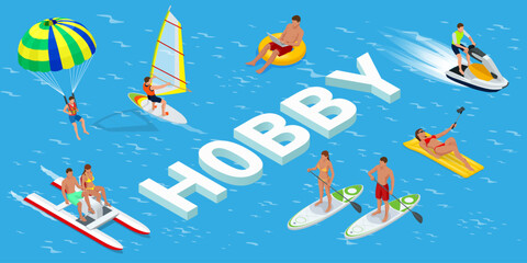 Isometric Hobby concept. Sports. Surfer on Blue Ocean Wave. Fun in the ocean, Extreme Sport, water skiing. Active summer vacations with paddle board. Hobby Young People.