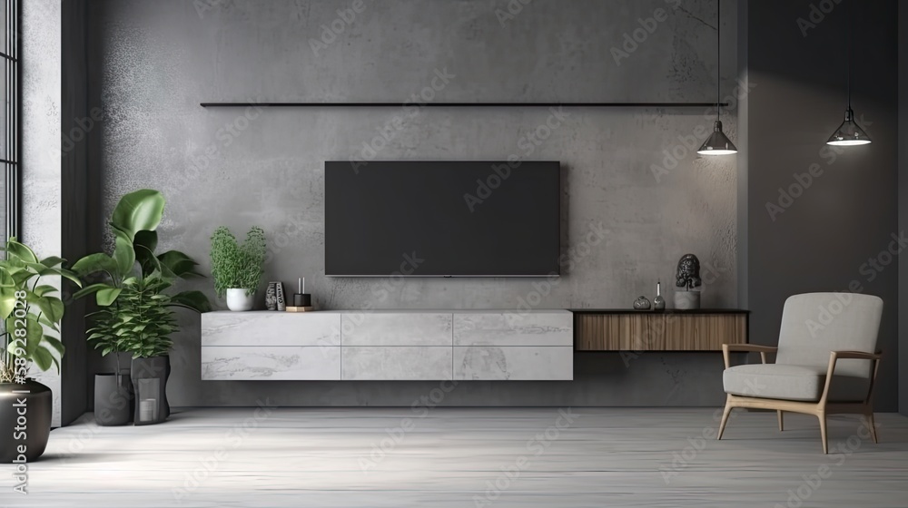 Living room interior have cabinet for tv and gray armchair in cement ...
