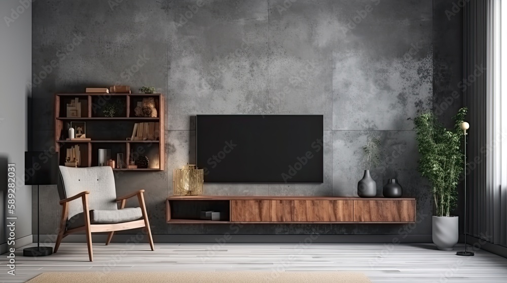 Living room interior have cabinet for tv and gray armchair in cement ...