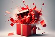 Gifts bursting out from red open gift box over white background. Generative AI