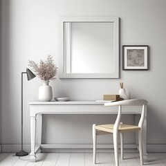 Wall Mural - White Blank wooden picture frame mockup on wall in modern interior. generative ai