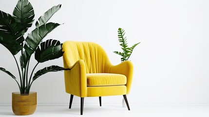 Wall Mural - Yellow armchair and plant isolated on a white background, generative ai