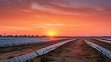Fototapeta Na sufit - sun begins to rise over the solar farm. Generative Ai