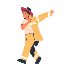 Canvas Print - Professional firefighter putting on protective uniform while running. Rescue emergency service in action cartoon vector illustration