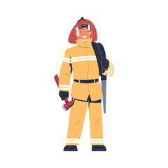 Sticker - Professional firefighter standing with axe. Fireman character in uniform and hat with rescue equipment. Rescue emergency service in action cartoon vector illustration