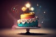 Fairy magic birthday cake on a stand decorated with a sweets, sparklers in the lights on a dark backgrounds. Generative AI