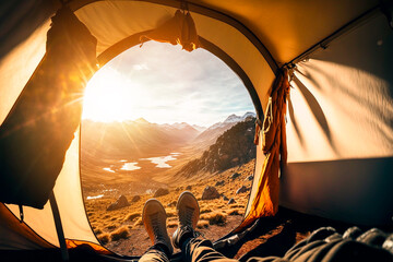 view from inside the tent to the mountains. awakening in a tent with an incredible view. generative 