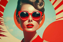 Retro Style Poster Of A Young Pretty Woman Wearing Fashionable Sunglasses. AI Generated Illustration.