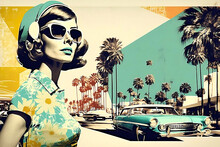 1960s Style Vacation Travel Poster. Young Fashionable Woman And A Tropical Town. AI Generated Illustration.