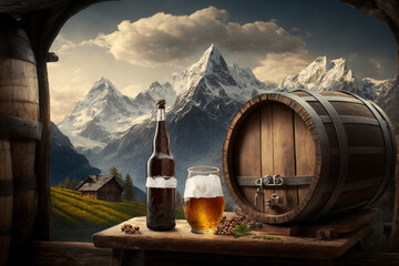 Generative AI of beer barrels and glasses of bear in front of the Alps. Oktoberfest background. 