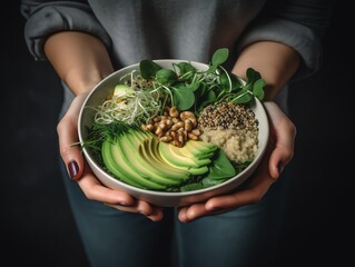 Woman holding bowl of quinoa salad with avocado and sprouts on dark background