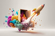 © belyaaa - Rocket taking off from a cardboard box with colorful smoke. Generative AI.