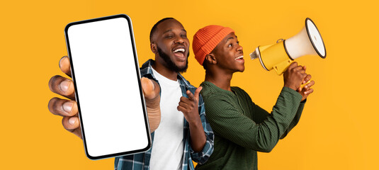 Wall Mural - Black Males With Megaphone In Hands Making Announcement And Showing Blank Smartphone