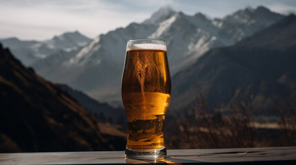 Sticker - Glass of beer against a background of mountains Generative AI