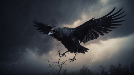 Canvas Print - A black crow flying in a stormy sky with lightning Generative AI