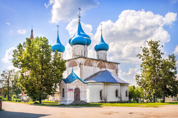 Wall Mural - Annunciation Cathedral with blue domes before restoration,Cathedral of the Annunciation with blue domes before restoration, Gorokhovets. Caption: Souvenirs Gorokhovets