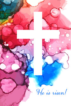 White cross on a watercolor beautiful background. He is risen. Happy easter. CultureOfFaith. Vector illustration