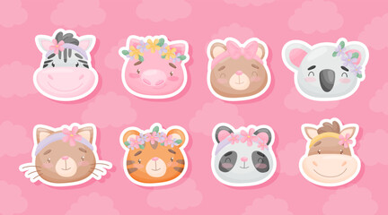 Wall Mural - cute animal ballerina head with flower vector sticker set