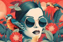 Woman With Big Sunglasses And Parrots,  Abstract Collage With Vintage 60s Retro Style. Generative AI