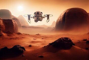 Drones conducting research over Mars, illustration. Generative AI