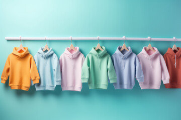 Wall Mural - Children's hoodies in pastel colors on line hanger in a row, front view. Background of a blue colored wall.  Creative concept for a children's clothing store, children's fashion banner. Generative AI