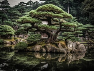 Wall Mural - A majestic and timeless view of a pine tree in a Japanese garden