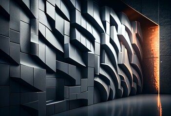 Wall Mural - Polished, Futuristic Wall background with tiles. Herringbone, tile Wallpaper with 3D, Concrete blocks. 3D Render. Generative AI